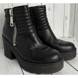 Aldo Black Leather Quilted Platform Ankle Boots Block Heel Side Zip Size 8.5